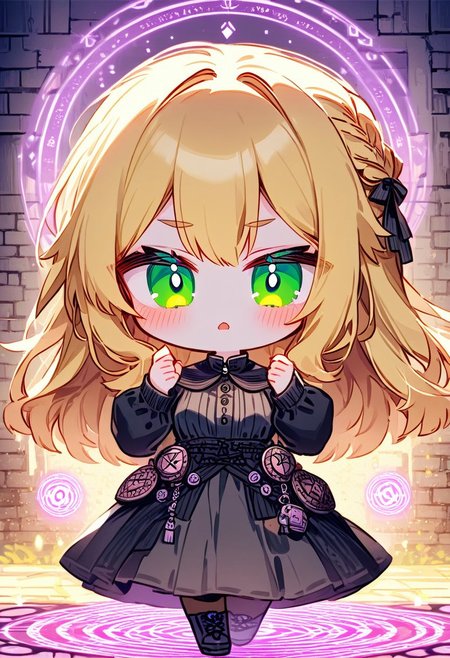 score_9, score_8_up, 8k, ultra-detailed, masterpiece, best quality, beautiful lighting, (best shadow), intricate details, ultra-detailed face, detailed eyes, perfect face, detailed eyes, full body, chibi, 1 girl, long hair, blond hair, Slightly Sad, witch dress, stubble, detailed green eyes, standing in the castle courtyard, arrogant look, flat eyebrows, bloodstains, FlshfrGR, ((magic circles))