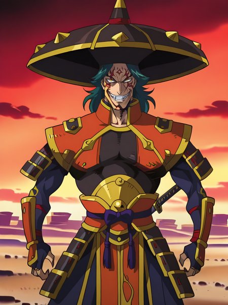 BloodyXL,, screencap, 
1boy, japanese armor, katana, big hat, facial tattoo, evil smile, long hair, looking at viewer, cowboy shot, dynamic pose, smile, wide shot, solo, portrait, desert, clouds,
<lora:ABloodyXL_Style:1.1>