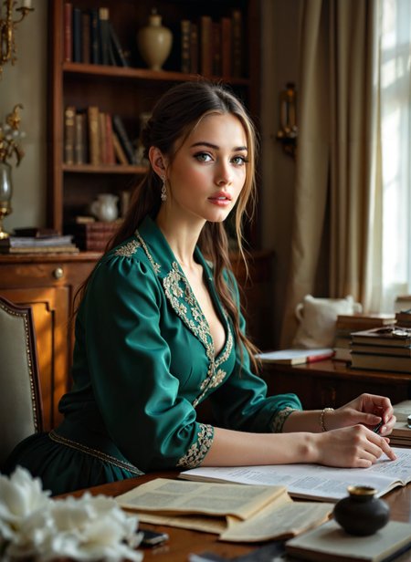 cinematic film still a young woman sitting at a desk in a room with a bookshelf and a window in the background. She is wearing a green dress with gold embroidery and has long brown hair styled in loose waves. The woman is holding a pen and appears to be writing or drawing on a piece of paper. There are several books and papers scattered on the desk in front of her, and a vase of white flowers on the table. The room is decorated with a chandelier and other decorative items. The overall mood of the image is elegant and sophisticated. Shallow depth of field, vignette, highly detailed, high budget, bokeh, cinemascope, moody, epic, gorgeous, film grain, grainy. <lora:add-detail-xl:.5>  <lora:Flux-style-xl-lora:.5>