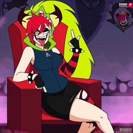 demencia, red hair, green ponytail, striped thighhighs, single striped sock, anklet, green monster hood, yellow eyes, sharp teeth, dark blue hoodie, single striped sleeve, red sneaker, blue sneaker, black skirt, smile, eyeshadow, spiked bracelet, zipper pull tab, torn pantyhose, glove, tongue out, solo, solo female, sitting, throne, happy, social Media, streaming online, streaming live, using donations for more surrogacy, thick legs thick thighs, thick ass, curvy ass, large ass, large hips,  large breasts, evil smile, grin, super crown
