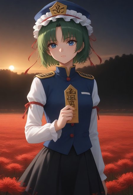 1girl, solo, solo focus, highres, absurdres, shikieiki, green hair, frilled hat, blue eyes, blue headwear, short hair,
long sleeves, black skirt, white shirt, blue vest, red ribbon, epaulettes, small breasts, arm ribbon, buttons,
looking afar,
red spider lily, flower field, night, night sky, red sky, backlighting,
