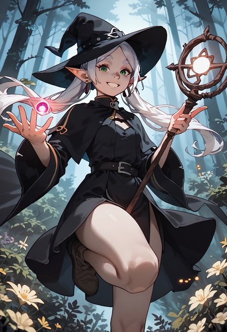 score_9, score_8_up, score_7_up, score_6_up, portrait, 1girl, Frieren, elf ears, small breasts, plant, flower, green eyes, white hair, long hair, twintails, thick eyebrows, earrings, dynamic angle, forest, night, mist, witch, forest witch, witch clothes, witch staff, glowing hair, glowing hat, glowing staff, magic, casting, ((floating)), in the air, leg up, grin, casting spell, dark magic, light beam, dimmed light, from below, far view