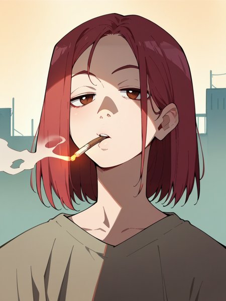 score_9, score_8_up, score_7_up, score_6_up, score_5_up,  <lora:FLCLXLP:1> flcl, brown eyes, red hair, smoking, 1girl,