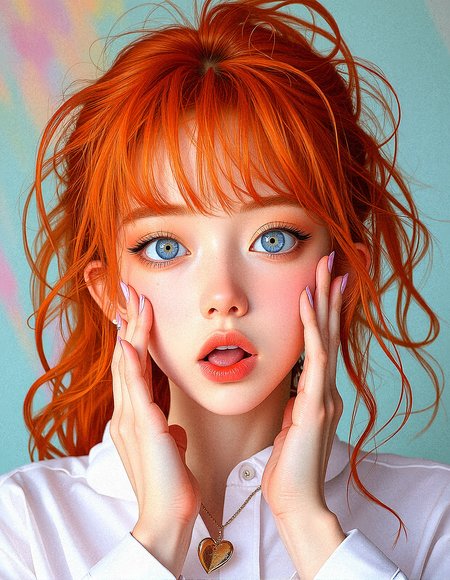 An upper body image of a beautiful young lady with curly orange hair, hair over one eye,  aqua eyes, and bold eyeliner. She has thick eyebrows and long eyelashes, long fingernails,  and her lips are shiny and full. She wears an amulet heart, rimless eyewear,  and a helix piercing. The extreme realism focuses on her detailed skin, showing fine textures and natural highlights.

The background is Swirling patterns of pastel colors creating a fluid marble effect.



Her outfit are Oversized button-up shirt dress

Subtle skin pores and natural texture on the face and neck, Realistic light reflections on the surface of the eyes, Slightly raised veins visible under the skin on the neck, Subtle veins visible on the eyelids under certain lighting, Realistic reflection of light on the glossy lips, following their curvature, Soft reflections on the necklace, enhancing its metallic look

Sticking her tongue out with both hands pulling at her cheeks, cheeful expression, doing silly face












 









































