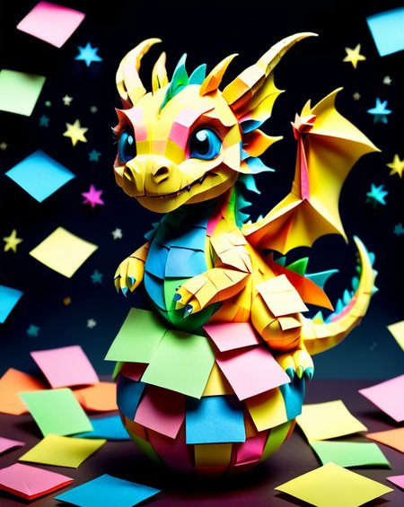 a small colorful cute baby dragon with tiny scales made out of Jed-StickyN, dynamic pose, dynamic angle, dark fantasy, intricate details, ultra wide shot, zoomed out, standing on a ball,
<lora:StickyNotesStyle:1>,  <lora:add-detail-xl:0.7>,  <lora:sd_xl_dpo_lora_v1:1>, <lora:xl_more_art-full_v1:0.3>,  set against a  background of a starry sky,