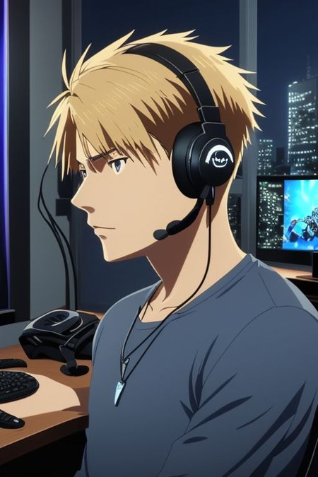 high resolution, solo, best quality, 1Boy, Yamato Ishida, Portrait, Blond Hair, Necklace, gamer, bedroom, night, pc, sit, headset, portrait, OverallDetail