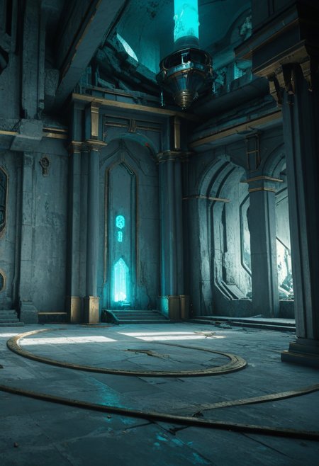 score_9, score_8_up, score_8, 
cyberpunk, Albrecht, no humans, 
temple, scenery, ruins, column, gate, gold ornament, 
glowing, cyberpunk lab, blue glow,