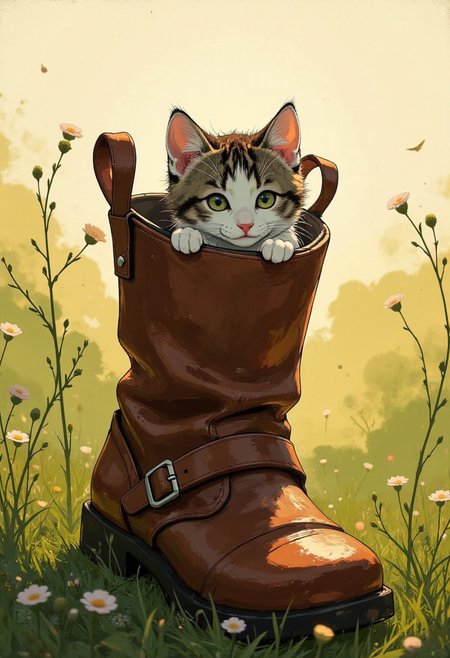 An illustrated closeup scene of a kitten inside an old leather boot. The kitten is curious  but shy. It is peeking its head out of the top of the boot. The boot is made of brown leather. It is old and worn. The boot is in a grassy field with flowering weeds. It is outdoors during mid day. The lighting is soft. Highest quality, best quality, masterpiece.