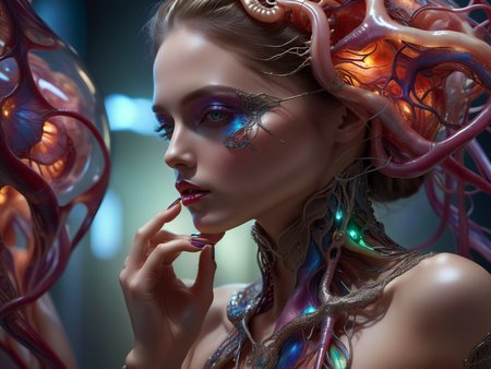 <lora:TechPunkAIv2Pruned:.9> BioPunkAI  woman fashion  (Highly detailed, amazing fantasy setting), (Shiny Impressive lighting), (Colorful, Ultra Realistic, High quality, Highly detailed, Sharp focus, 8K UHD, Art photography), (trending on artstation)