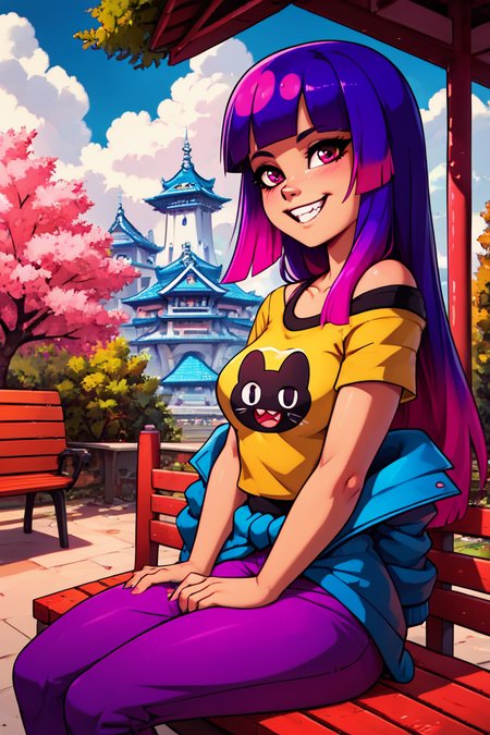 score_9, score_8_up, score_8, medium breasts, (curvy), cute, eyelashes,       BREAK, ,  ,,, zzMiko, long hair, purple hair, blunt bangs, multicolored hair, yellow shirt, short sleeves, t-shirt, print shirt, off shoulder, animal print, jewelry, purple pants, blue jacket around waist,  <lora:MikoKubota_PDXL_v2:0.8>,  ,,,  , BREAK, sitting on bench, side view, smile, looking at viewer, cowboy shot,  ,,, BREAK, pnkBldng, sky, day, cloud, tree, blue sky, building, architecture, east asian architecture,  ,,, BREAK, embedding:zPDXL, Expressiveh,  ,,, <lora:PinkBuildingsPDXL_v2:0.6>, <lora:SDXLFaeTastic2400:0.5>, <lora:Expressive_H-000001:0.4>