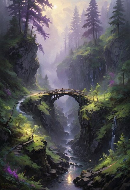 A rickety bridge stretches precariously across a deep chasm, connecting two rugged sides of a dense forest nestled within rocky mountains. The forest is thick with towering trees, their leaves a lush green canopy that barely lets any light through. The sky above is a muted blend of grays and purples, casting a somber glow over the landscape. Smoke rises gently from an unseen source, mingling with the thick mist that clings to the ground, creating an eerie and mysterious atmosphere. The overall setting is dark and foreboding, yet strangely beautiful, as the interplay of light and shadow brings the forest to life. [romantic impressionism,dream scenery art,beautiful oil matte painting,romantic,style of thomas kinkade,beautiful digital painting,anime landscape,romantic painting,dreamlike digital painting,colorful painting,beautiful gorgeous digital art,style of greg rutkowski,janek sedlar,jenny saville:0] <lora:vivid_everclear:0.6> <lora:Sinozick:0.65> <lora:WildcardX-XL-Detail-Enhancer:0.8>