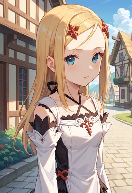 score_8, score_8_up, score_7_up, source_anime, anime screenshot BREAK 1girl, female focus, solo, Murno_SCS, blonde hair, long hair, hair ornament, forehead, halterneck, white dress, detached sleeves, layered sleeves, long sleeves, black skirt, upper body, outdoors, fantasy, village, fantasy village background