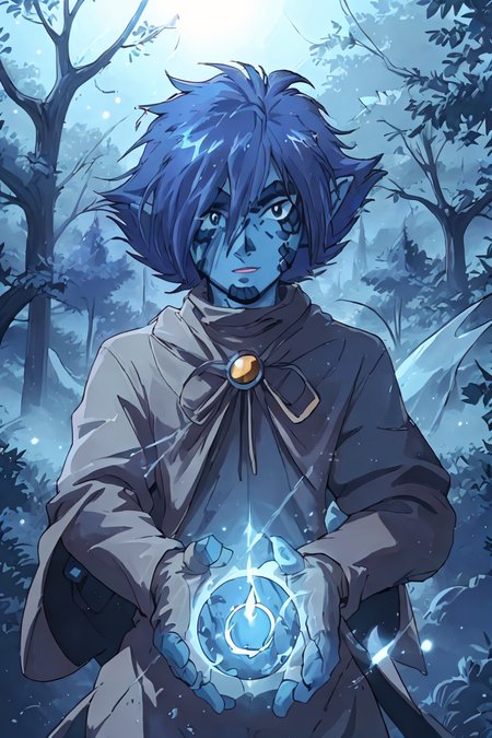 (masterpiece), 2D animation, 90s anime style, detailed face, expressive eyes,
1man, looks like Zelgadis, has blue skin, tan gloves,
focused expression, casting spell, detailed hands, swirling magic, 
detailed background, vibrant magical forest, cinematic lighting, daytime, sunshine,
(cowboy shot:1.2), 
<lora:Zelgadis001:0.8> zelgadis, blue skin
<lora:muscle_slider_v1:-1>, <lora:weight_slider_v2:-1>
 <lora:Concept - Cryomancer:0.4>