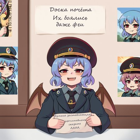 score_9, uncensored, source_anime
BREAK
1girl, solo, short hair, open mouth, shirt, red eyes, long sleeves, hat, holding, blue hair, jacket, upper body, wings, necktie, alternate costume, fang, collared shirt, uniform, english text, military, black headwear, military uniform, bat wings, peaked cap, black necktie, poster (object), remilia scarlet, smug
<lora:duhota_v4-1_adafactor:1>