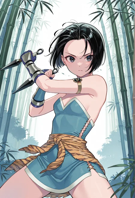 1girl, short hair, black hair, black eyes, short dress, cross-laced clothes, clothes around waist, tiger print, armlet, fingerless gloves, solo, outdoors, serious, holding kunai, fighting stance,  bamboo forest, <lora:Mizuki_siv:1>, masterpiece, best quality, amazing quality, very aesthetic, absurdres, highres, newest