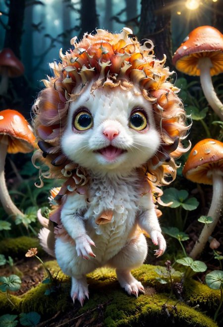 Mix the mushrooms, mouse and curly fur to create adorable magical creature with big glowing eyes, masterpiece, Surrealism, close-up, macro photo, f/1.2, backlighting, Albert Edelfelt, multicolored hair