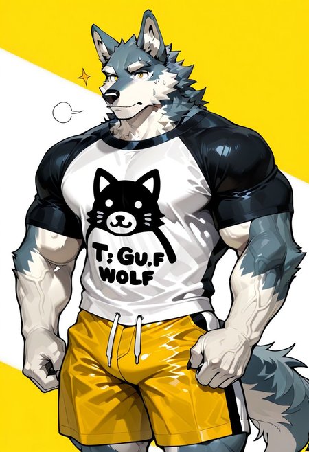animal ears, muscular furry, furry, Clothes, PG, T-shirt, Shorts, bara, wolf ears