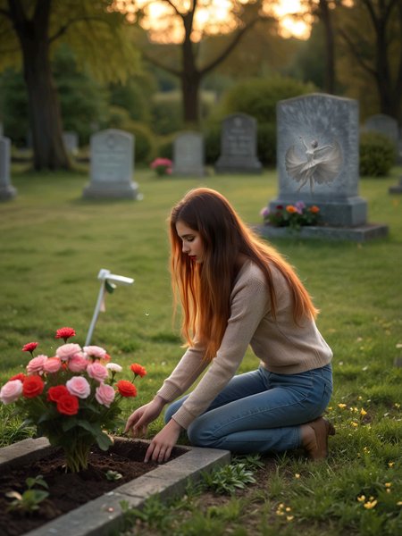 A cinematic still of a beautiful young woman with long hair is on her knees planting flowers on her grandmother's grave. This realistic photograph brings together the sadness of loss and desire to comfort her. Tears slightly glisten rolling down her soft blush cheeks, red glossy lips, ultra fine pastel-like hair. Bright daylight and dark shadows provide for a vivid burst of colors bringing life to this photograph. 8K RAW, a colorful, high contrast, vivid photograph. <lora:Flux-style-xl-lora:.4><lora:add-detail-xl:0.5>