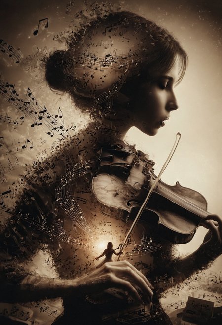 Darkness vs light in music notes merging in Silhouette of a girl blending, surreal, beautiful, (music in the air:1.1), (glowing music notes:1.1), beautiful detailed scenery, double exposure, crisp lines, <lora:DoubleExposure:1>,