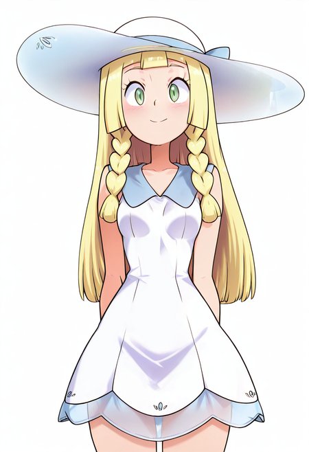 (masterpiece, best quality, good quality, very aesthetic, absurdres, newest:1.2),    medium breasts, (curvy),  ,,, BREAK, zzLillie, long hair, braid, sun hat, white headwear, collarbone, sleeveless dress, white dress, <lora:LilliePokemon_NAI:1.0>,BREAK,  smile, looking at viewer, cowboy shot,    ,<lora:TobiaswhellerNAI:1.0>,