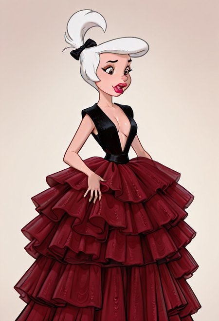 masterpiece, best quality, amazing quality, very aesthetic, high resolution, ultra-detailed, absurdres, 1girl, xjudyx, white hair, hair bow, brown eyes, lipstick, red dress, black top, plunging neckline, layered dress, high-low dress, DISNEY_ANIMATION,