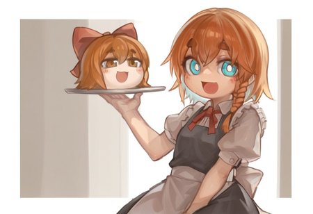 best quality,
looking at viewer,
1girl, solo, meguru \(cookie\),
blue eyes, blush stickers,
thick eyebrows, short hair, open mouth, orange hair, side braid, red hair bow,
maid, enmaided, smile, holding plate, hand up,
welcoming, hand between legs, hand up,
bright pupils, yukkuri shiteitte ne,