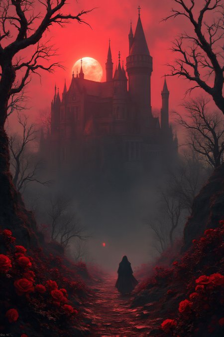 A fantastical image of a reddish castle surrounded by ultra sharp and prickly brambles with scarlet roses on them. Ultra dark, dark fantasy, dark souls. Very detailed, UHD, masterpiece