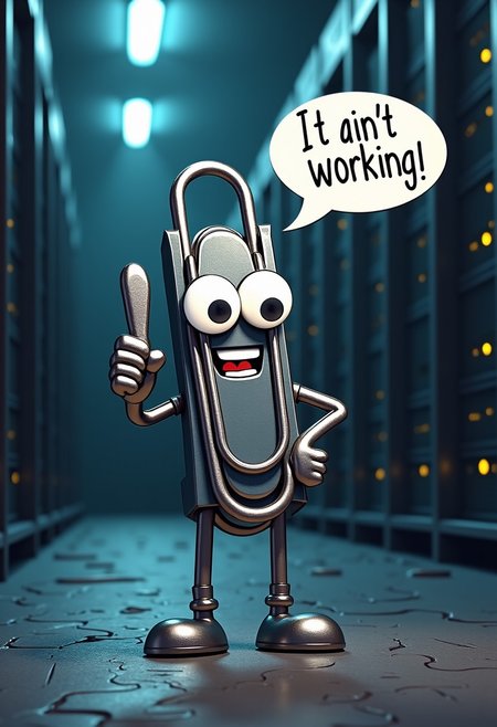 (Clippy, a paperclip with googly eyes), desktop (computing), icon, middle finger
A metal paperclip with googly eyes, (speech bubble "it ain't working, okay?!"), 
server background, chaos, broken glass