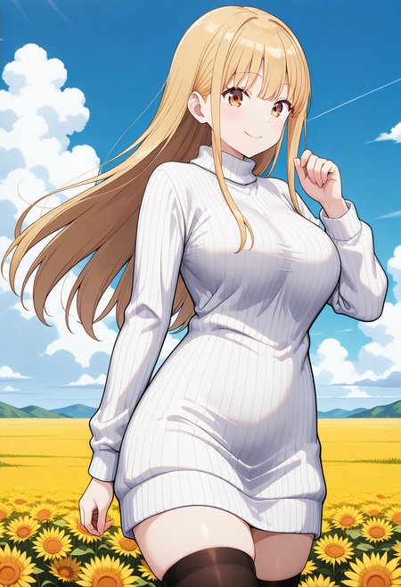 ruriko, brown eyes, blonde hair, long hair, sweater dress, white sweater, ribbed sweater, turtleneck, long sleeves, thighhighs, zettai ryouiki, <lora:ruriko_illustrious_ver1:0.8> 
smile,, masterpiece, best quality, general,, 1girl, solo, (field:1.2), (blue sky:1.2), looking at viewer,, (cowboy shot, dynamic pose:1.4),