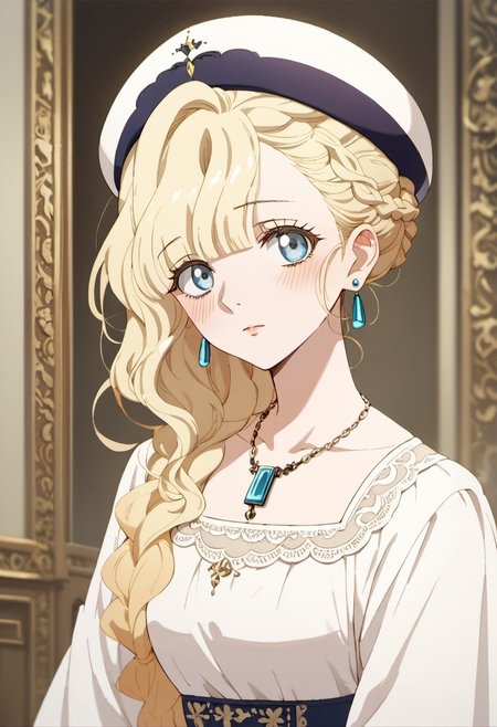 score_9, score_8_up, score_7_up, source_anime, elianna bernstein, blonde hair, long hair, blue eyes, 1girl, solo, jewelry, earrings, braid, blush, necklace, anime coloring, hat, looking at viewer