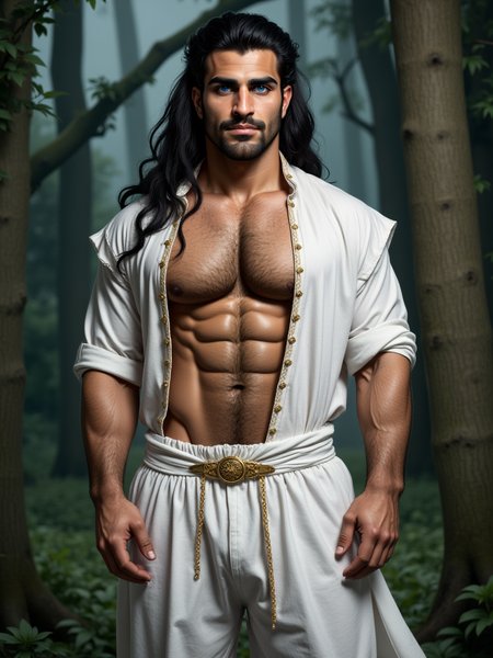 Orhun has blue eyes. He has long black hair, He is an attractive man and is muscular. Mystical moonlight forest, male posing, hairy body:1.4, white robe with golden ornaments,white linen trousers, white linen mesh shirt, half open chest,, beefy