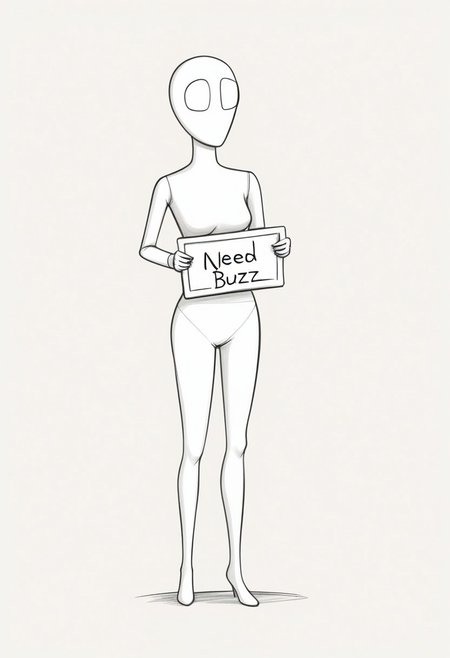 sketch, doodle, mannequinn, white body, faceless female, solo, breasts, navel, rating_safe, sfw, holding a sign that says: "I need buzz, please", simple background, 2d, cartoon