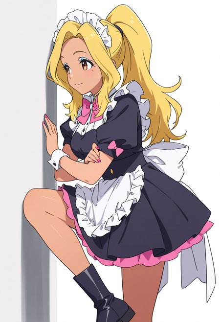 Smooth Quality,masterpiece,very intricate, high quality details, ultra realistic, high detailed skin,detailed enviorement,absurdres,
 <lora:Gotou_Shino_Shiipon_CNR:0.8> gotou_cnr, blonde hair,long hair, ponytail, brown eyes, dark-skinned female, mole, nail polish, eyeshadow,gotou_maid_cnr,maid, maid headdress, maid apron,black dress, short dress,puffy short sleeves, boots, frills,pink bowtie,, simple background, white background, from side,solo,
leaning against wall, one foot up, arms crossed, looking away,,, \(^o^)/,