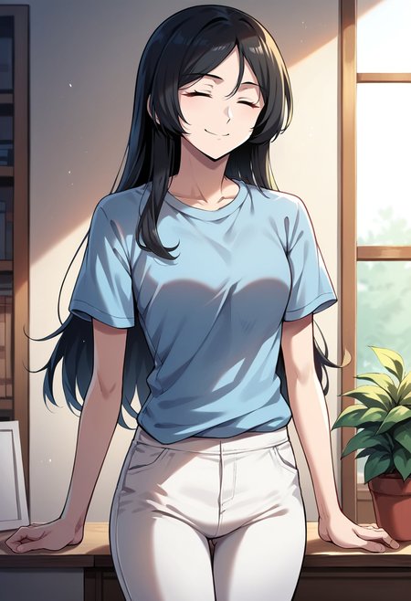 masterpiece, best quality, source_anime, uncensored, score_9, score_8_up, score_7_up, score_6_up, score_5_up, score_4_up, 1girl, solo, elijey, long hair, black hair, closed eyes, shirt, short sleeves, white pants, indoors, bedroom, smile <lora:Ephyr_SwordKing:0.85> <lora:add-detail-xl:0.6> <lora:cfg_scale_boost:0.5>