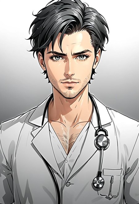 8K. (High quality scene:1.05), (masterpiece:1.07), (High details and aesthetics face:1.07), anatomy pencil sketches drawing. Anatomy of anime handsome sexy male doctor, (using the stethoscope:1.10)