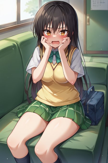 score_9, score_8_up, source_anime, BREAK 1girl <lora:kotegawayui-pdxl-nvwls-v1:1> kotegawayui, long hair, yellow sweater vest, white shirt, short sleeves, green bowtie, plaid miniskirt, green miniskirt, socks, loafers, sitting, putting hands on cheeks, embarrassed, blush, open mouth, looking at viewer, couch, indoors