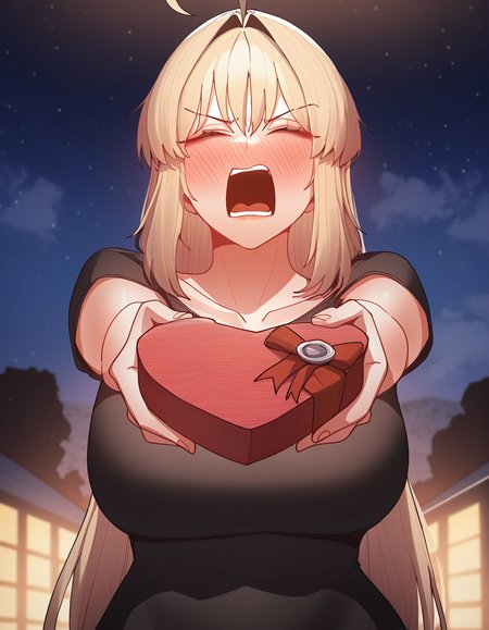 masterpiece, best quality, newest, absurdres, highres, safe,, <lora:bang-hyuna-manhwa-illustriousxl-lora-nochekaiser:1>, bang hyuna, long hair, bangs, blonde hair, large breasts, orange eyes, hair intakes, ahoge,, <lora:heart-shaped-box-ponyxl-lora-nochekaiser:1>, heart-shaped box, holding, box, gift, valentine, incoming gift, closed eyes, blush, open mouth, outstretched arms, outdoors, night sky, clouds, shouting,, , cowboy shot, solo
