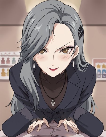 score_9, score_8_up, score_7_up, source_anime, <lora:sae-niijima-s1-ponyxl-lora-nochekaiser:1>, sae niijima, long hair, hair ornament, brown eyes, grey hair, makeup, lipstick, mole under mouth, red lips, medium breasts, mature female, anime screencap, long sleeves, jewelry, jacket, earrings, pants, necklace, coat, turtleneck,, mall, shops, people, shopping, big, , <lora:good-morning-my-brother-ponyxl-lora-nochekaiser:1> good morning my brother, good morning my brother! (meme), good morning, pajamas, hands on another's stomach, meme, straddling, leaning forward, pov, girl on top, blush, smile, smug, cowboy shot,, looking at viewer, solo,, dutch angle, cowboy shot
