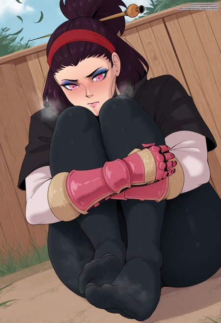laundrymom,  outdoors, undershirt, falling feathers, black bodysuit, hair stick, hugging own legs, , gauntlets,   eyeshadow,   red gloves,  high ponytail,  , black capelet, red hairband, pink eyes, 1girl, solo, feet, visible breath,   dynamic angle, foreshortening, smell, steam,