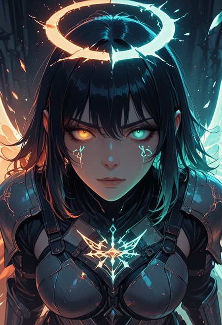 (masterpiece), (best quality), (8k), two girls, angel and demon, intense stare-down, not fighting but full of tension, glowing eyes, magical aura, emissive lighting effects, cinematic lighting, golden hour glow, divine vs infernal contrast, glowing halo above angel, broken or burning halo above demon, floating sparks, glowing tattoos or markings, glowing feathers vs shadowy wings, ambient light particles, symmetrical composition, high detail, soft shadows and light contrast, dramatic environment, detailed armor and flowing cloth, mystical energy in air,