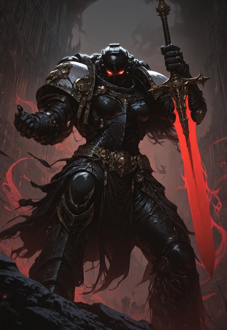 masterpiece, best quality, high quality, 
newest, highres, 8K,HDR,
absurdres, 

dynamic angle, 
realistic, 

1girl, 
BlackT40k, 
power armor, 
long hair, 
weapon, 
glowing eyes, 
dark fantasy, 
holding sword, 
floating, 
ethereal aura, 
white and black color scheme, 
armored gauntlets, 
golden ornaments, 
looking at viewer, 
battle stance, 
supernatural energy, 
shadowy background, 

gothic architecture, 
dynamic pose, 
dramatic lighting, 

detailed background, 
depth of field, 
foreshortening, 
detailed background, 
dynamic pose, 
dynamic composition,
dutch angle, 
foreshortening,
blurry edges, 
<lora:ILLIronW40k:1>