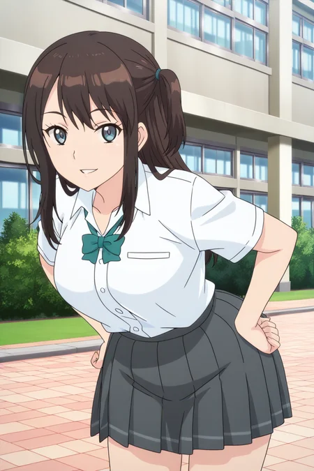 anime screenshot, tsuneki hikari, 1girl, solo, brown hair, long hair, one side up, blue eyes, medium breasts, school uniform, white shirt, collared shirt, short sleeves, green bowtie, grey skirt, pleated skirt, looking at viewer, smile, parted lips, hands on own hips, leaning forward, cowboy shot, outdoors, school, masterpiece, best quality, high quality, highres, absurdres,  <lora: tsuneki_hikari_ILXL:0.9>