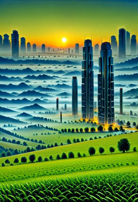 scenery, mountains, tree, grass, towers, skyscraper, fog,