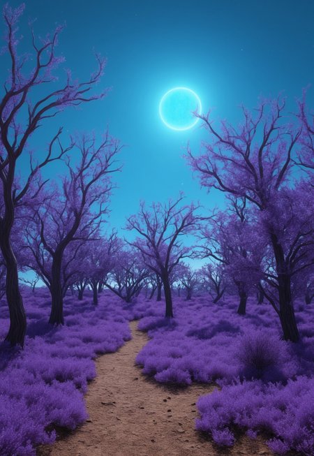 an alien landscape lit by a blue sun, there are scattered purple treelike organisms that tower far into the sky,
under the trees roam alien creatures, all the creatures seem to have 6 legs, 
there is low lying blue scrub brush, some of the creatures are chewing on it
 (8k uhd:1,4)
 <lora:add-detail-xl:1>
 <lora:Dynamic Poses:1>