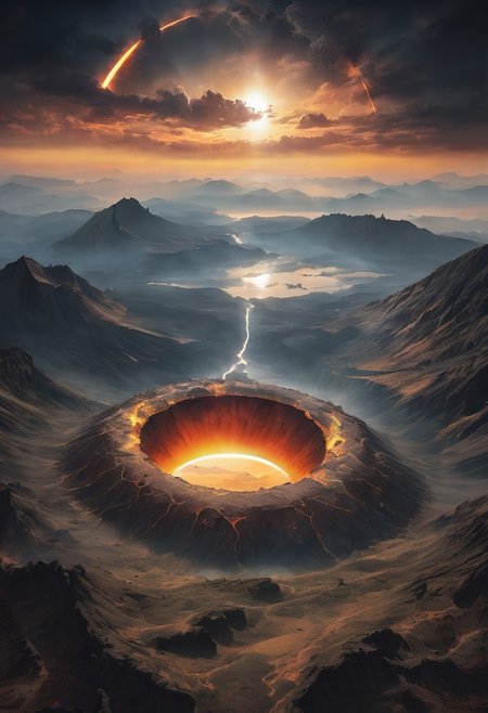 A haven for Earth, detailed landscape, captivating, fantastic, great lighting, Nature, grasslands, mountain, Annular Solar Eclipse, Caldera eruption,( from above),  double exposure, beautiful view, mysterious glow, beautiful clouds, depth of field, masterpiece, best quality, 8k, ultra-detailed, very aesthetic, illustration, superb composition, finest details, , intricate details, absurdres, high contrast, RAW, concept art,