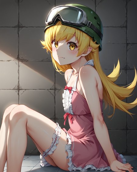 score_9,score_8_up,score_7_up,score_6_up,score_5_up,score_4_up,anime BREAK 1girl,
<lora:shinobu:0.9>,oshino shinobu,long hair,blonde hair,yellow eyes,pointy ears,fang,wide hips,shiny oiled skin,
BREAK (Short girl,dwarf girl,) flat chest,
BREAK nsfw,adult,uncensored,<lora:Expressive_H:0.3>,Expressiveh,
BREAK <lora:TanabeKP:0.7>,TanabeKP,
BREAK bare shoulders, blush, brick wall, closed mouth, collarbone, dress, frills, from side, goggles, goggles on head, goggles on headwear,(black helmet,) looking at viewer,sitting, sleeveless, solo, tile floor, tiles, 
light on face, depth of field,blurry background,Detailed Background,
BREAK  ((white background,simple background)),
BREAK source_anime,zPDXL,zPDXLxxx,<lora:flat_sdxl:-0.5> <lora:xl_more_art-full_v1:0.5> <lora:add-detail-xl:0.5> <lora:sdxl_lightning_8step:1>