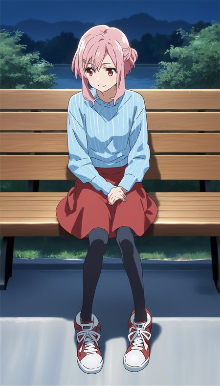 score_9,score_8_up,score_7_up,
<lora:yoshinokoharu:0.8>,yoshinokoharu,
1girl,solo,pink hair,short hair,bangs,red eyes,looking to the side,closed mouth,smile,white pullover,blue shirt,red skirt,black legwear,high-top isabelline canvas sneakers,full body,sitting on bench,hands on legs,facing viewer,outdoors,night,