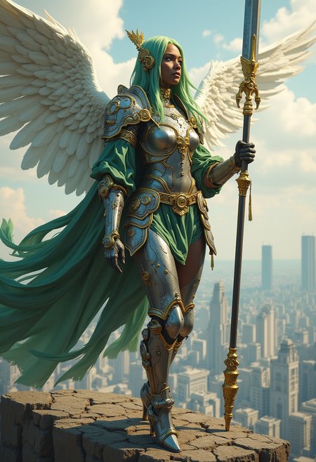 (score_9, score_8_up, score_7_up) black skin, rock arms,  ((holy paladin angel woman)), full plate mail with angels adornment, very strong body, Mature woman, mature face, 35 years, large face,fringe, a lob long straight green hair, hands holding naginata lance in glorious posture, serious face, homare style, octane render, high detailed, ultra realistic, volumetric, looking horizon, golden eyes, overknee boots high heels, battle dress, flying in sky over a medieval huge city, steam punk tecnological googles