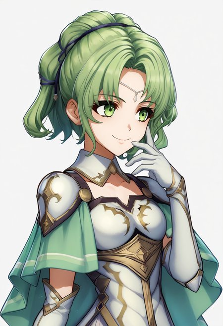 score_9, score_8_up, score_7_up, source_anime, 1girl, solo, <lora:zs_EngagePortraitsXL:1> engageportraits, portrait, white background ADDCOMM
smile, <lora:NSLArachelFE8:0.8> NSLArachelFE8, green eyes, green hair, circlet, hair ornament, pauldrons, white armored dress, green capelet, white elbow gloves, detached collar