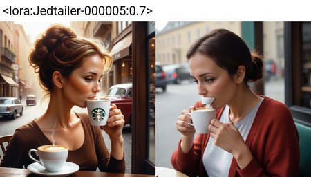 a woman drinking a coffee  , Jed-dtl  ,   <lora:Jedtailer-000005:0.7>
